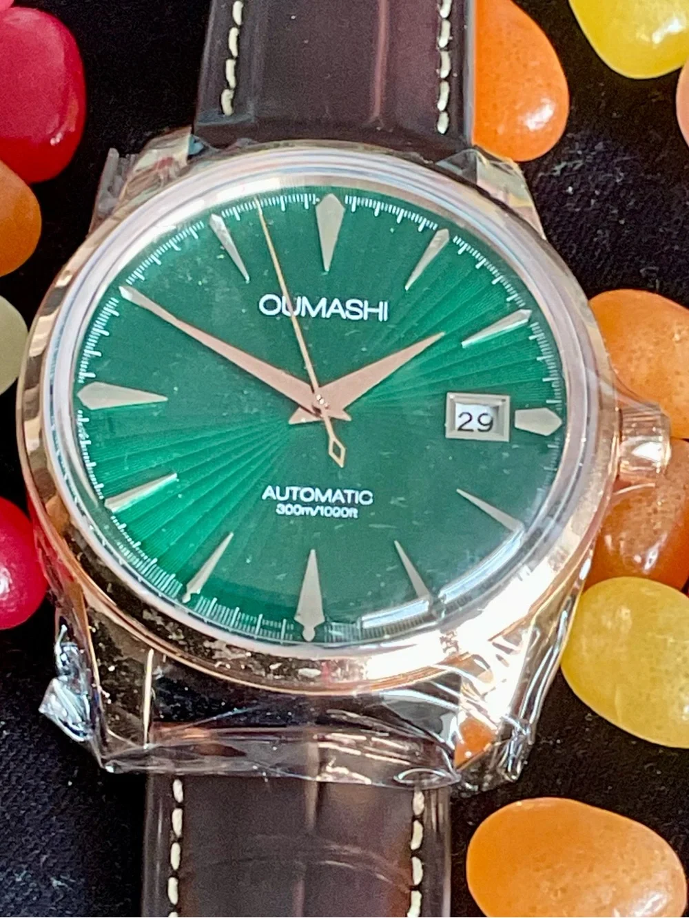 Brand New Automatic Oumashi Green And Gold Radiant Cocktail Watch